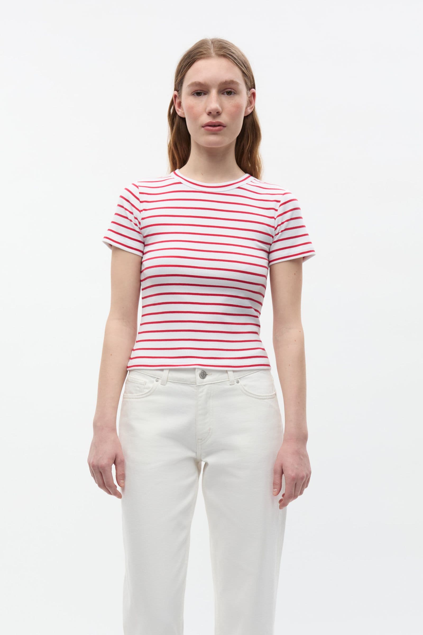 ENALLY SS CROP TEE ST 7262 Salsa - White Stripe